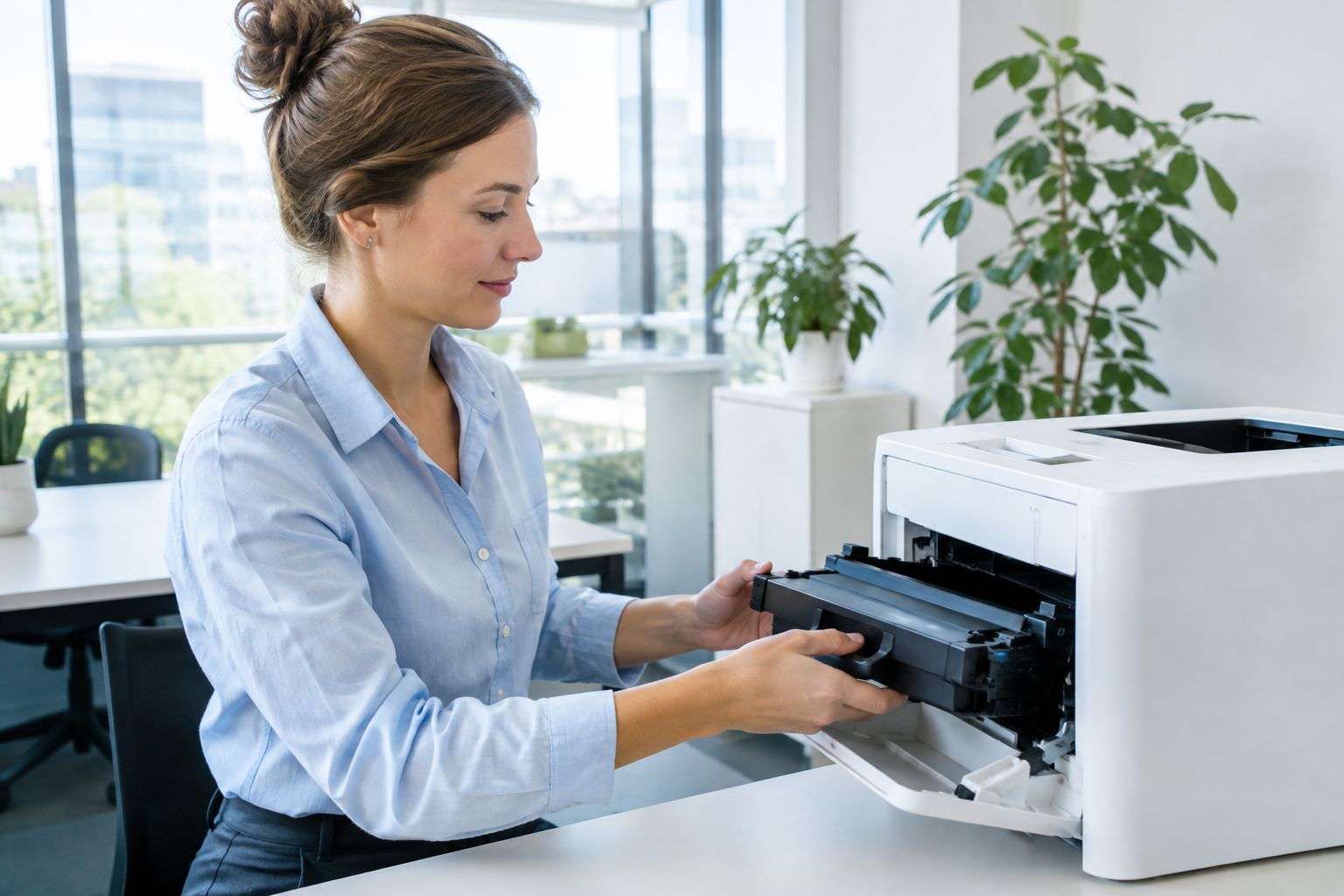 Mitarbeiterin setzt im Büro eine Tonerkartusche in einen Laserdrucker ein